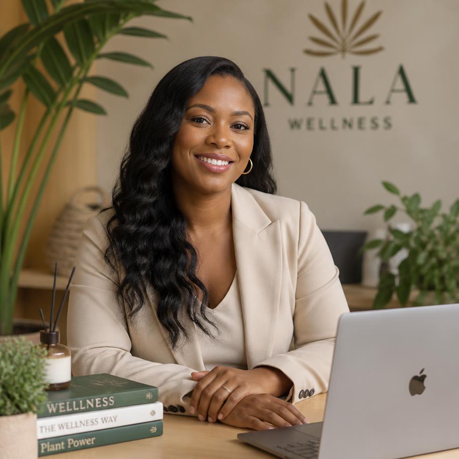 Founder of Lumen Sahara in a bright, plant-filled office